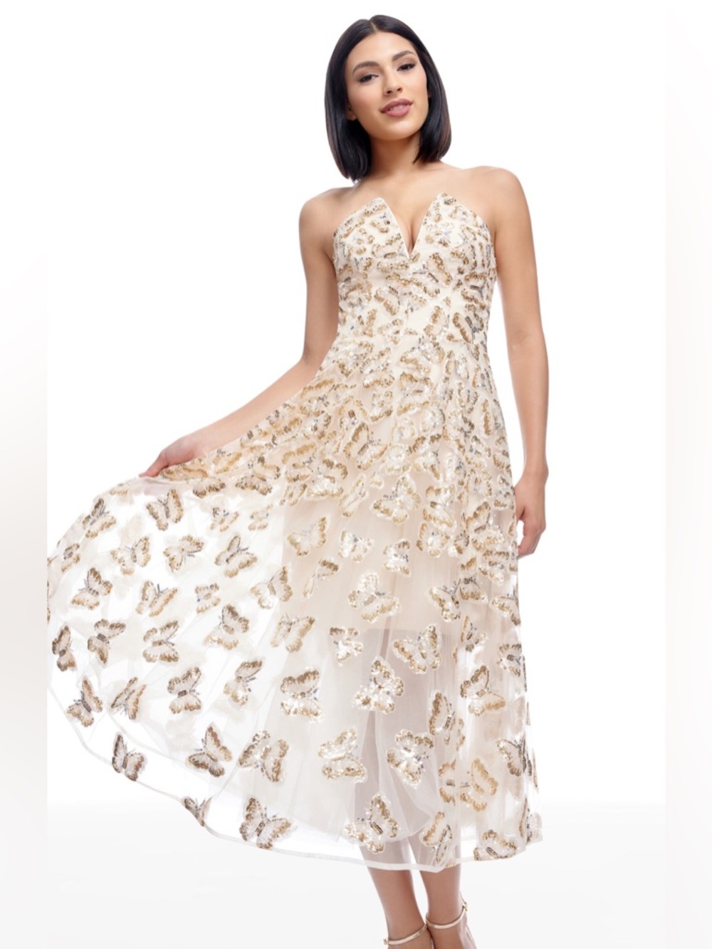 DRESS THE POPULATION•Sequin gold butterfly tulle strapless dress - Picture 5 of 7